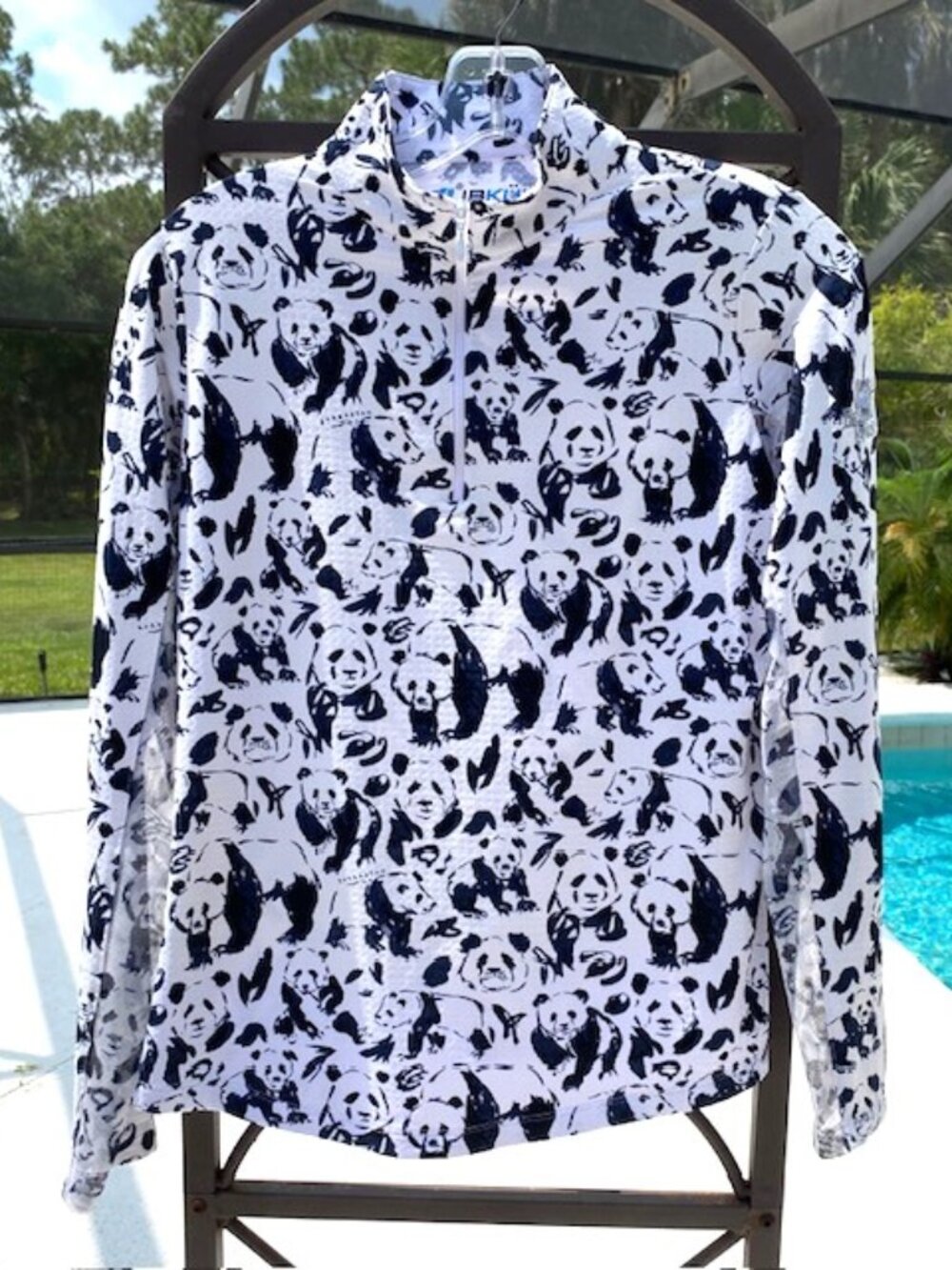 IBKUL Quarter Zip Top Womens Small Panda Bear Print UPF 50+ Golf LOGO on Sleeve